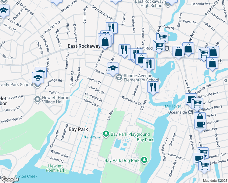 map of restaurants, bars, coffee shops, grocery stores, and more near 61 1st Avenue in East Rockaway