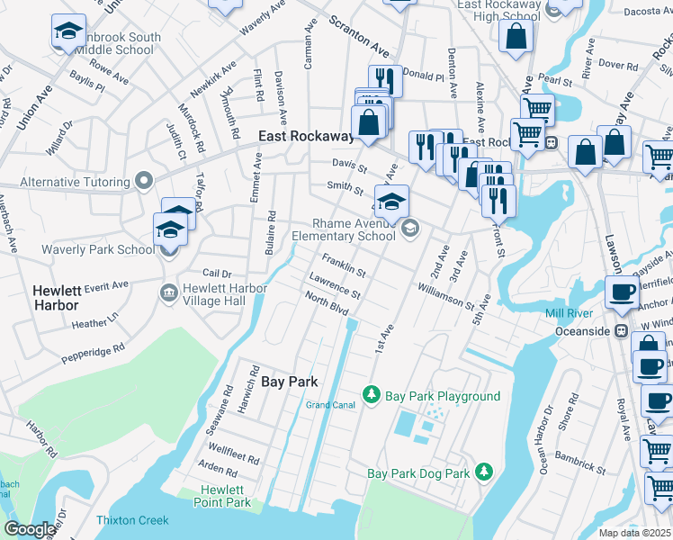 map of restaurants, bars, coffee shops, grocery stores, and more near 162 Baisley Avenue in East Rockaway