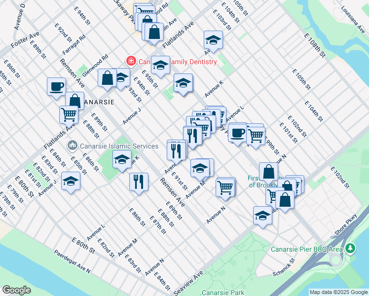 map of restaurants, bars, coffee shops, grocery stores, and more near 1409 East 92nd Street in Brooklyn