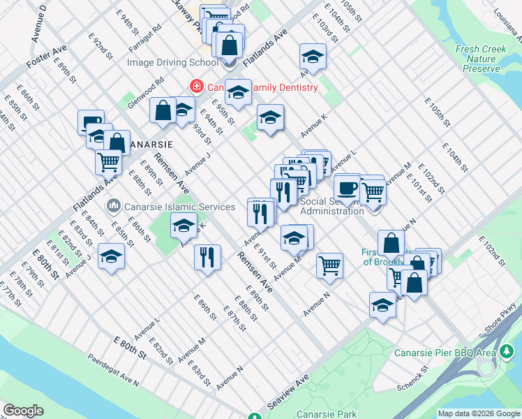 map of restaurants, bars, coffee shops, grocery stores, and more near 1409 East 92nd Street in Brooklyn