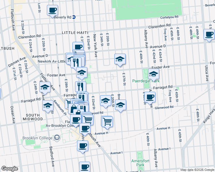 map of restaurants, bars, coffee shops, grocery stores, and more near 3402 Farragut Road in Brooklyn