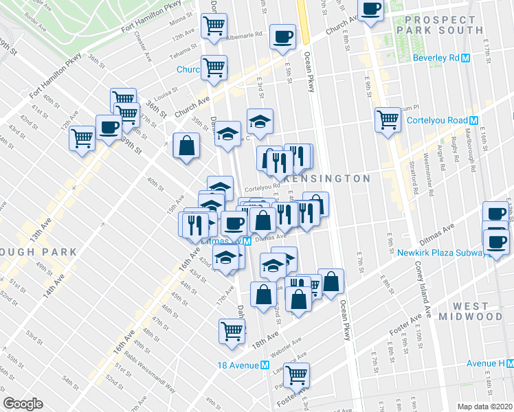 map of restaurants, bars, coffee shops, grocery stores, and more near 602 East 2nd Street in Brooklyn