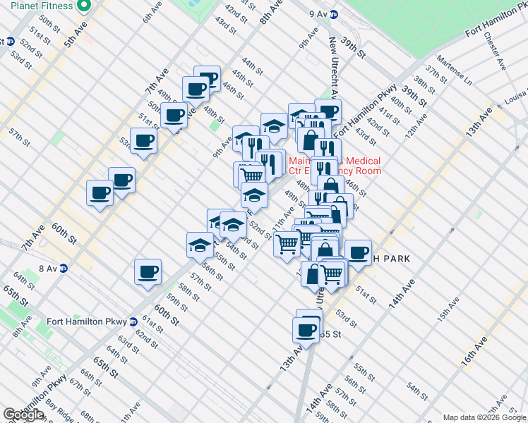 map of restaurants, bars, coffee shops, grocery stores, and more near 5106 11th Avenue in Brooklyn