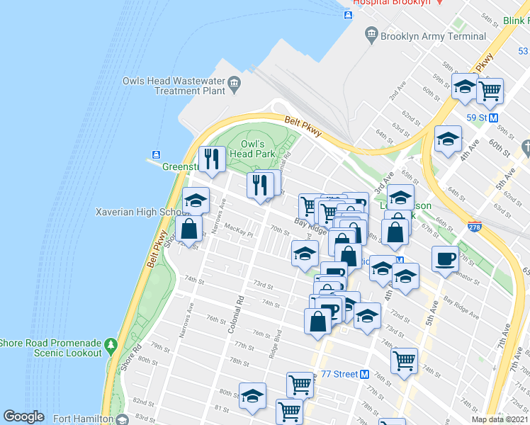 map of restaurants, bars, coffee shops, grocery stores, and more near 131 70th Street in Brooklyn