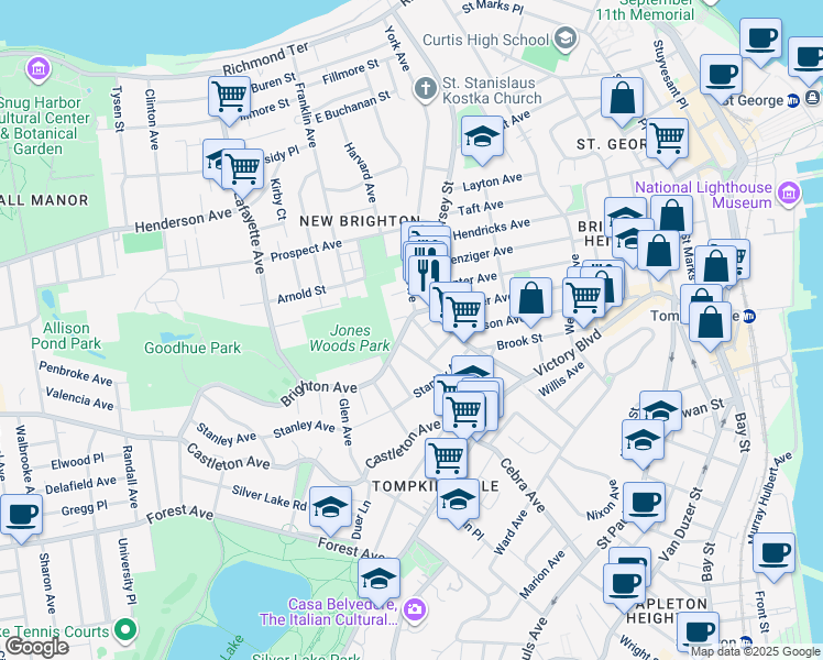 map of restaurants, bars, coffee shops, grocery stores, and more near 19 Pine Street in Staten Island