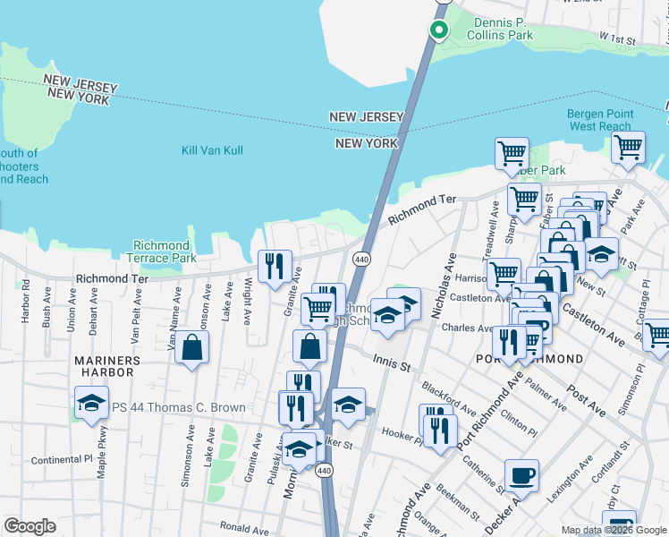 map of restaurants, bars, coffee shops, grocery stores, and more near 47 Morningstar Road in Staten Island