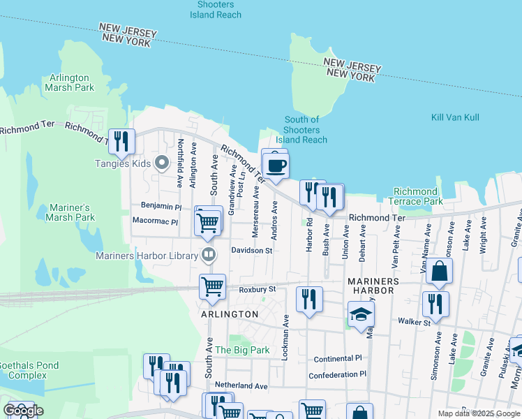 map of restaurants, bars, coffee shops, grocery stores, and more near 38 Christopher Street in Staten Island