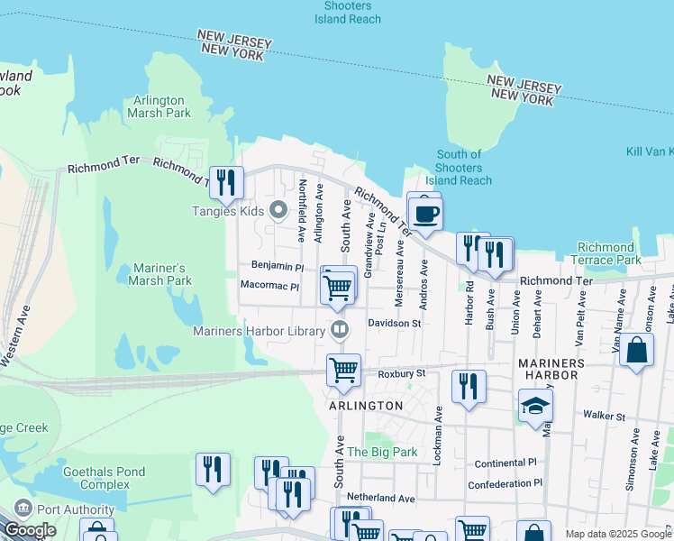 map of restaurants, bars, coffee shops, grocery stores, and more near 139 South Avenue in Staten Island