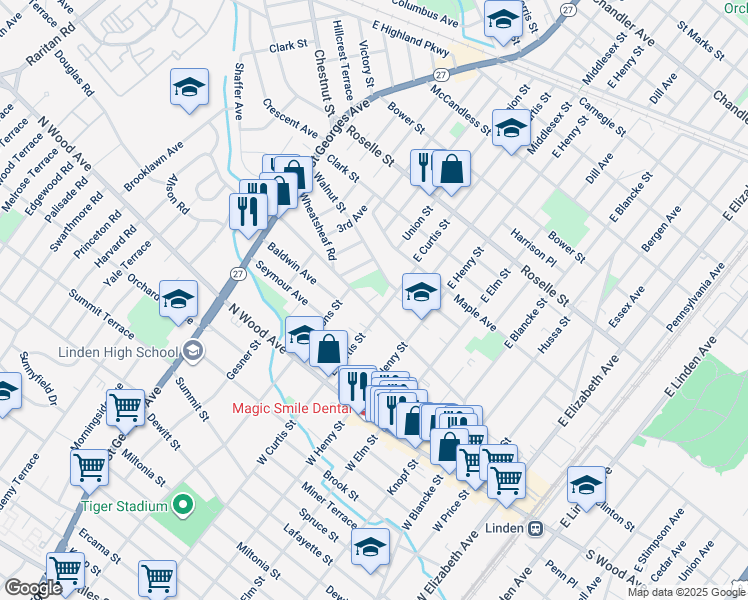 map of restaurants, bars, coffee shops, grocery stores, and more near 134 East Curtis Street in Linden
