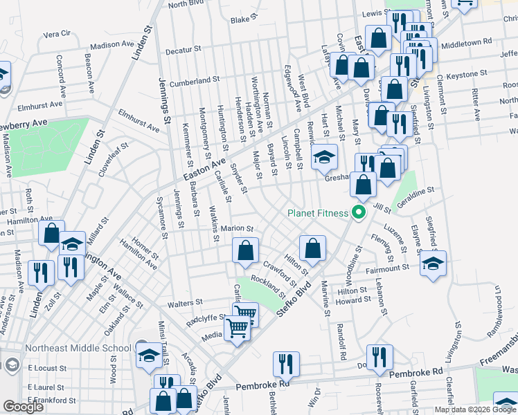map of restaurants, bars, coffee shops, grocery stores, and more near 1717 Snyder Street in Bethlehem