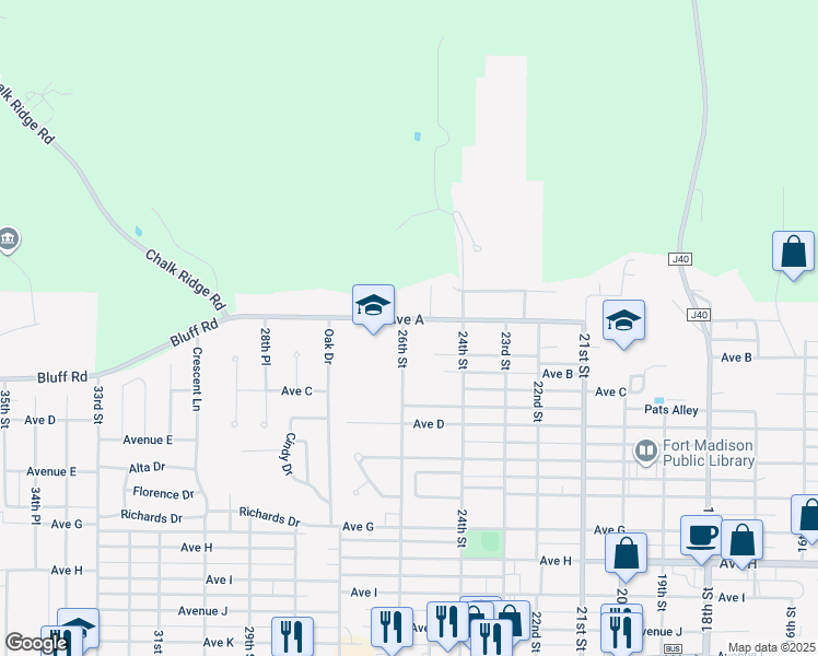 map of restaurants, bars, coffee shops, grocery stores, and more near 2600 Avenue A in Fort Madison