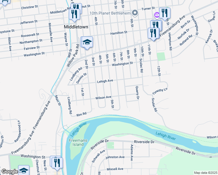 map of restaurants, bars, coffee shops, grocery stores, and more near 1581 5th Street in Bethlehem