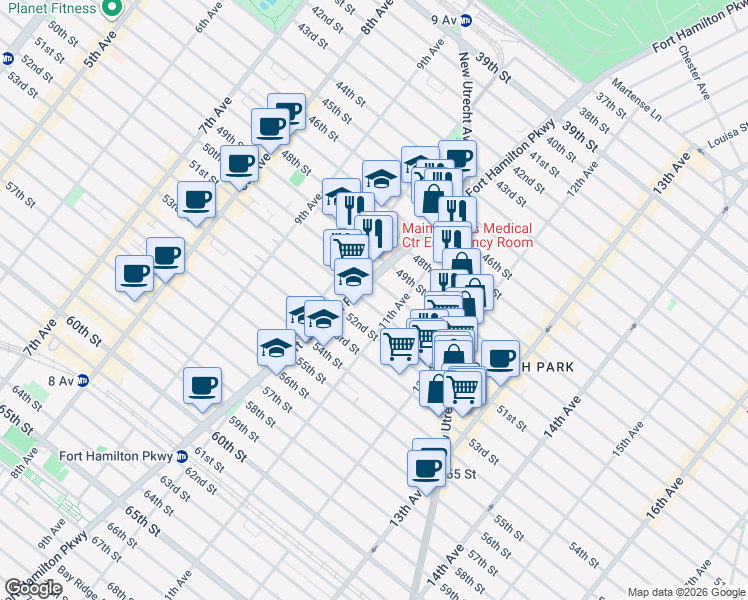 map of restaurants, bars, coffee shops, grocery stores, and more near 5106 11th Avenue in Brooklyn
