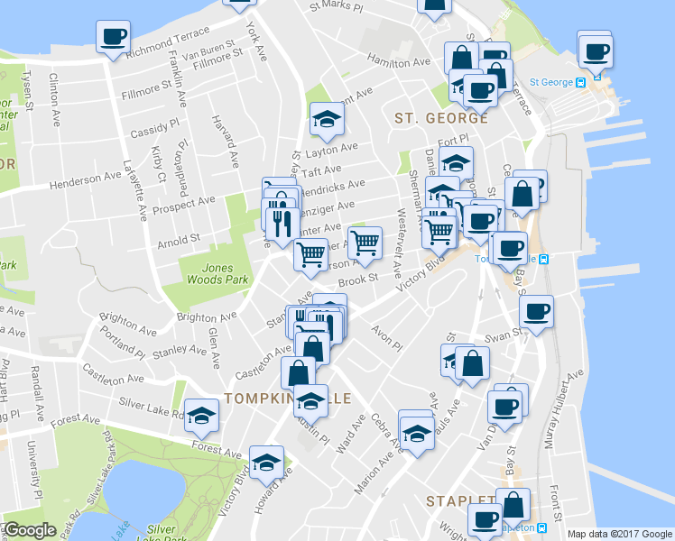 map of restaurants, bars, coffee shops, grocery stores, and more near 517 Jersey Street in Staten Island