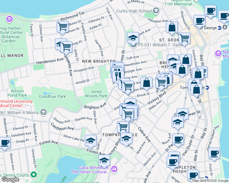 map of restaurants, bars, coffee shops, grocery stores, and more near 19 Pine Street in Staten Island