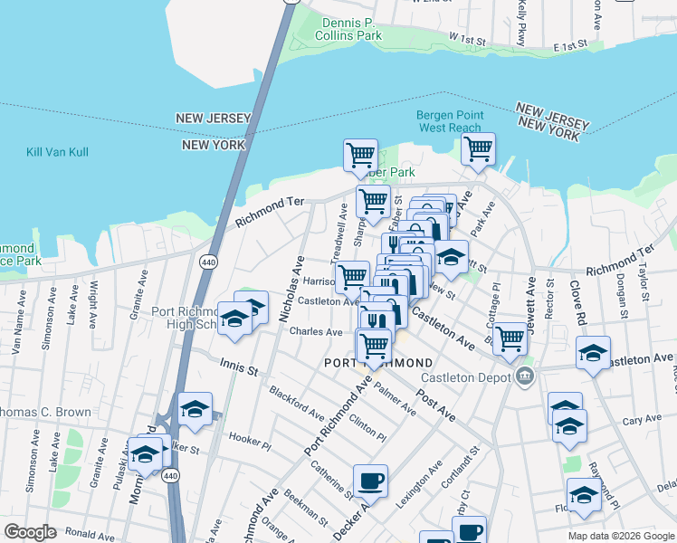 map of restaurants, bars, coffee shops, grocery stores, and more near 92 Harrison Avenue in Staten Island