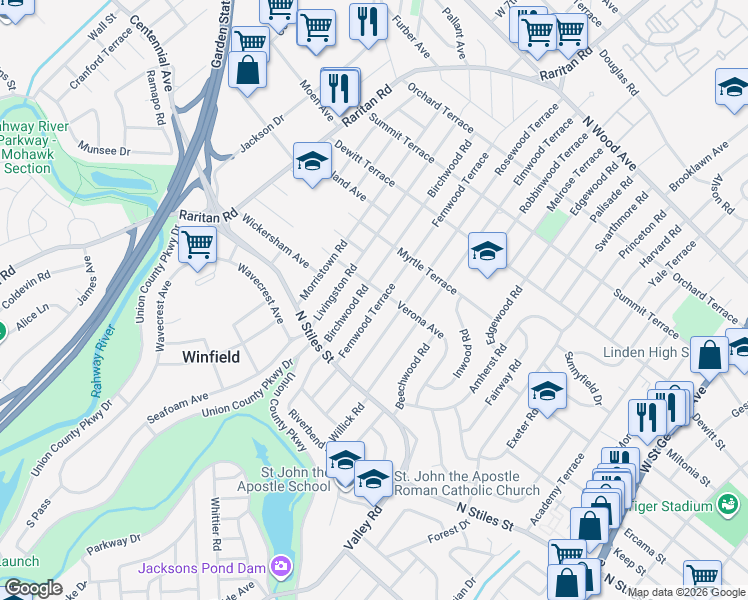 map of restaurants, bars, coffee shops, grocery stores, and more near 537 Fernwood Terrace in Linden