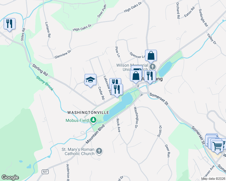map of restaurants, bars, coffee shops, grocery stores, and more near 66 Stirling Road in Basking Ridge