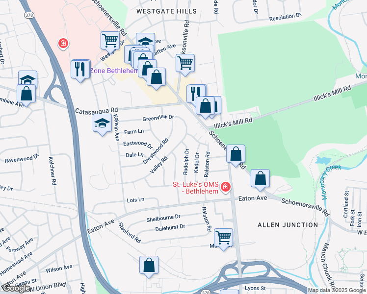 map of restaurants, bars, coffee shops, grocery stores, and more near 1585 Rudolph Drive in Bethlehem