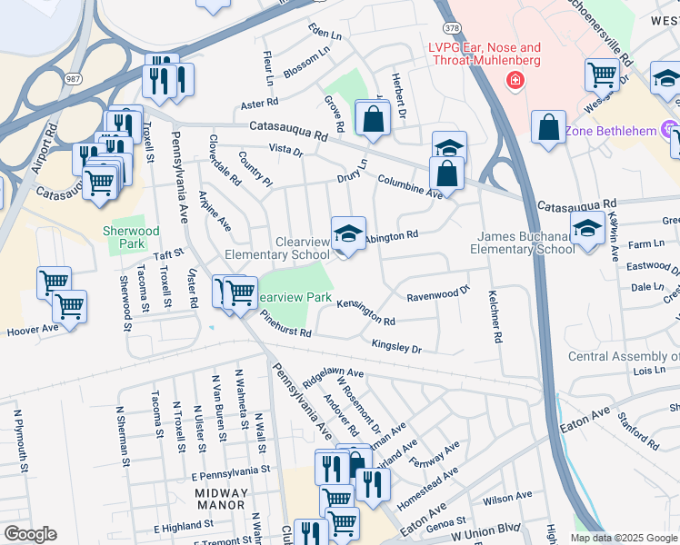 map of restaurants, bars, coffee shops, grocery stores, and more near 2121 Abington Road in Bethlehem