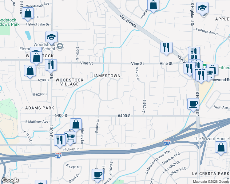 map of restaurants, bars, coffee shops, grocery stores, and more near 6264 South Steeple Chase Lane in Murray