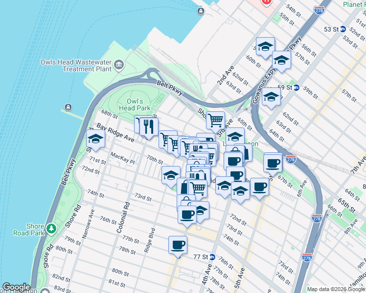 map of restaurants, bars, coffee shops, grocery stores, and more near 219 Bay Ridge Avenue in Brooklyn