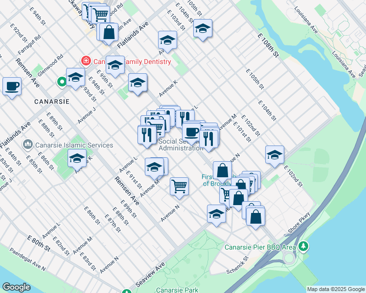 map of restaurants, bars, coffee shops, grocery stores, and more near 9521 Avenue M in Brooklyn