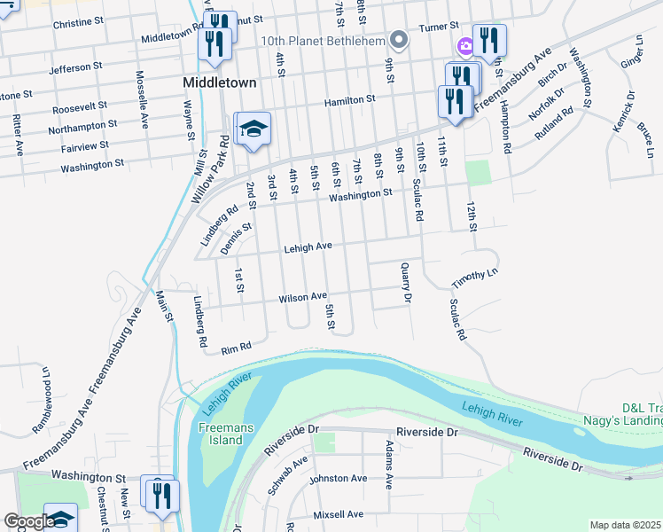 map of restaurants, bars, coffee shops, grocery stores, and more near 1580 5th Street in Bethlehem