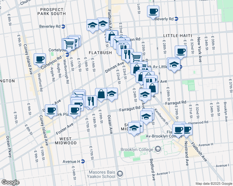 map of restaurants, bars, coffee shops, grocery stores, and more near 2111 Foster Avenue in Brooklyn