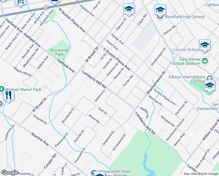 map of restaurants, bars, coffee shops, grocery stores, and more near 764 Warren Street in Westfield