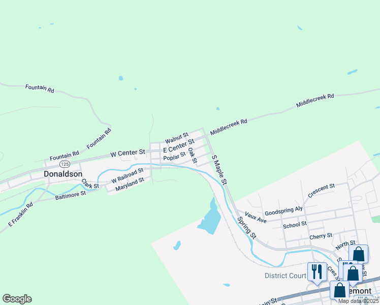 map of restaurants, bars, coffee shops, grocery stores, and more near 108 Oak Street in Donaldson