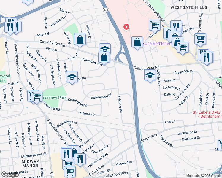map of restaurants, bars, coffee shops, grocery stores, and more near 1109 Ravenwood Drive in Bethlehem
