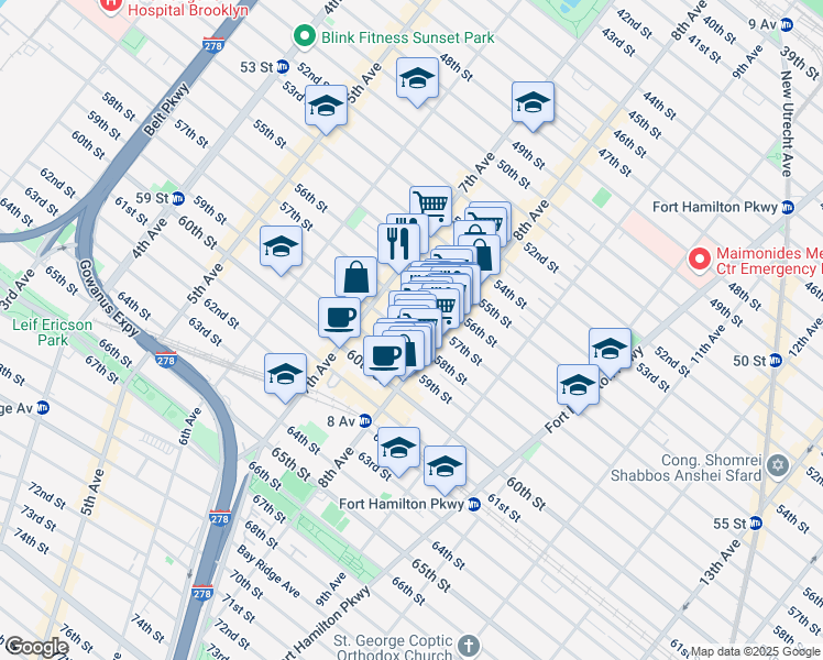 map of restaurants, bars, coffee shops, grocery stores, and more near 747 57th Street in Brooklyn