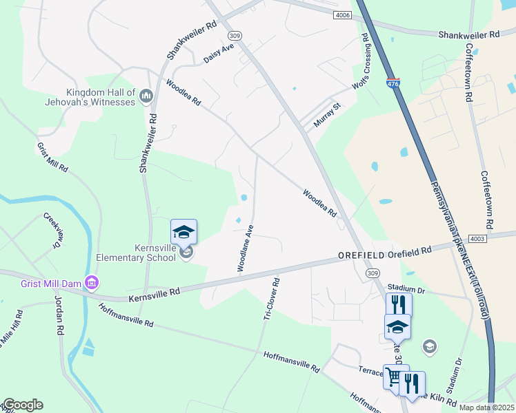map of restaurants, bars, coffee shops, grocery stores, and more near 3125 Woodlane Avenue in Lehigh County