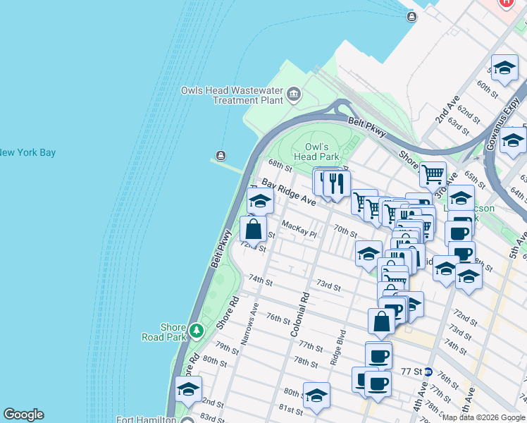 map of restaurants, bars, coffee shops, grocery stores, and more near 11 MacKay Place in Brooklyn
