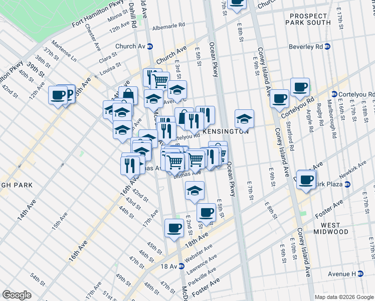 map of restaurants, bars, coffee shops, grocery stores, and more near 208 Cortelyou Road in Brooklyn