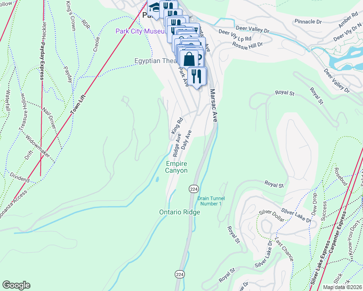 map of restaurants, bars, coffee shops, grocery stores, and more near 136 Daly Avenue in Park City