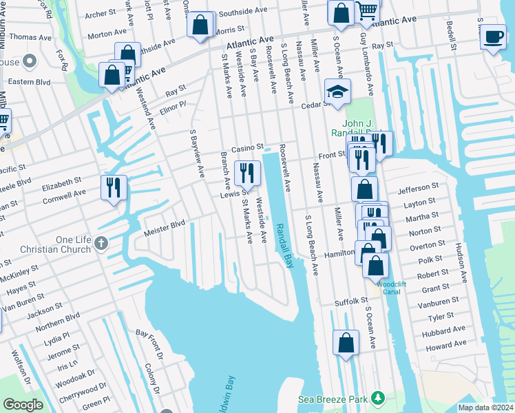 map of restaurants, bars, coffee shops, grocery stores, and more near 206 Westside Avenue in Freeport
