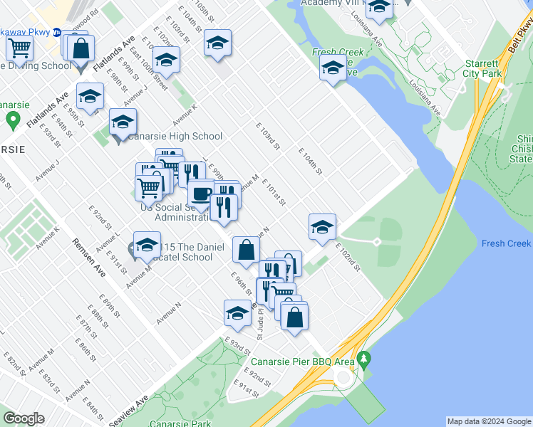 map of restaurants, bars, coffee shops, grocery stores, and more near 1341 East 100th Street in Brooklyn