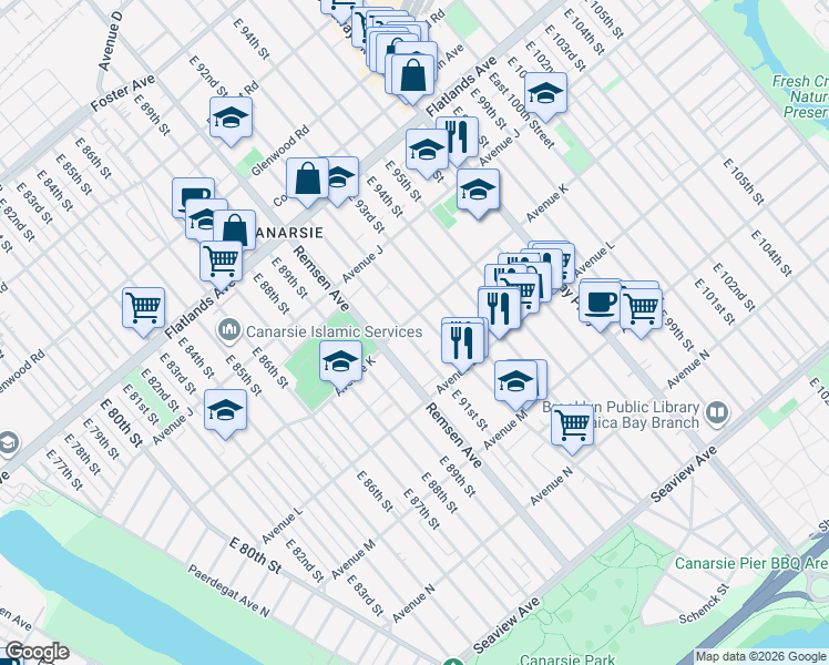 map of restaurants, bars, coffee shops, grocery stores, and more near 9208 Avenue K in Brooklyn