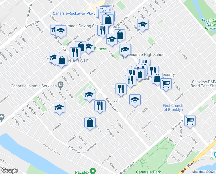 map of restaurants, bars, coffee shops, grocery stores, and more near 9208 Avenue K in Brooklyn