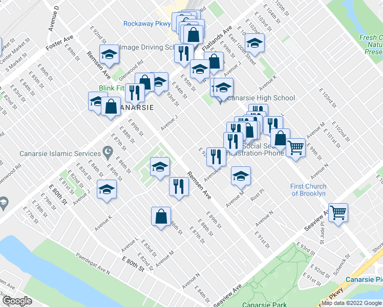 map of restaurants, bars, coffee shops, grocery stores, and more near 9208 Avenue K in Brooklyn