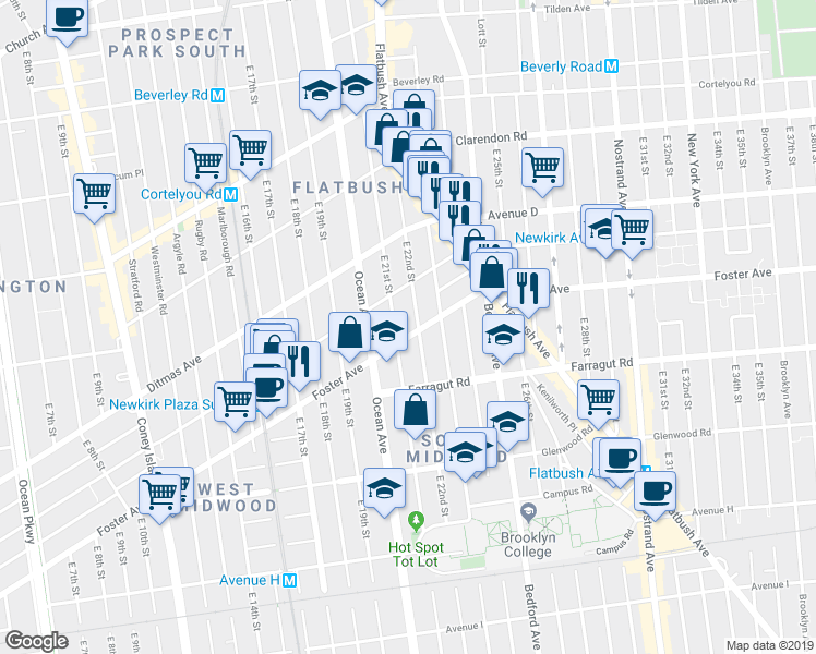 map of restaurants, bars, coffee shops, grocery stores, and more near 651 East 21st Street in Brooklyn