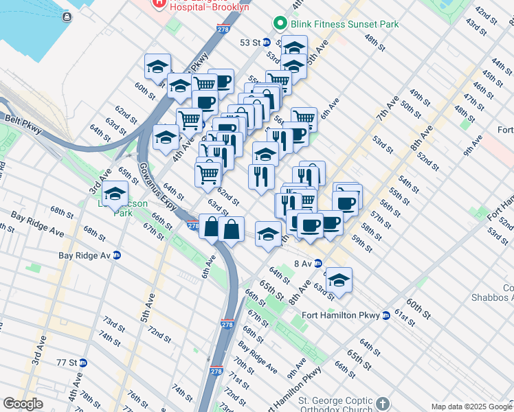 map of restaurants, bars, coffee shops, grocery stores, and more near 6025 6th Avenue in Brooklyn