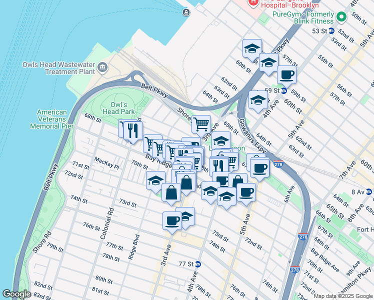 map of restaurants, bars, coffee shops, grocery stores, and more near 246 67th Street in Brooklyn