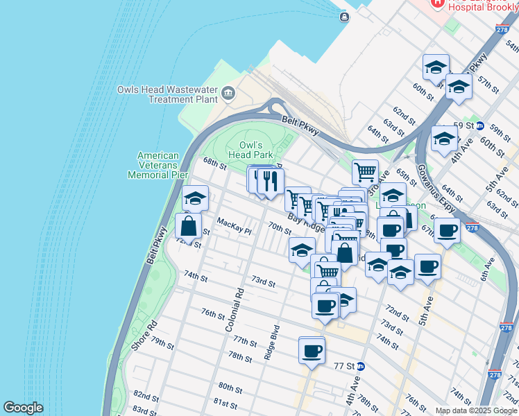 map of restaurants, bars, coffee shops, grocery stores, and more near 6801 Colonial Road in Brooklyn