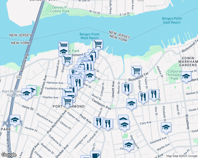 map of restaurants, bars, coffee shops, grocery stores, and more near 99 Park Avenue in Staten Island