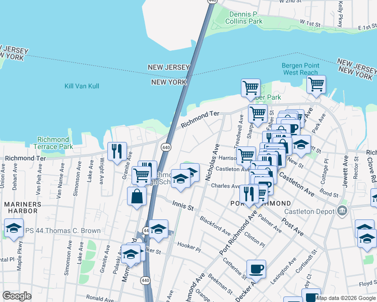 map of restaurants, bars, coffee shops, grocery stores, and more near 18 Bayonne Court in Staten Island