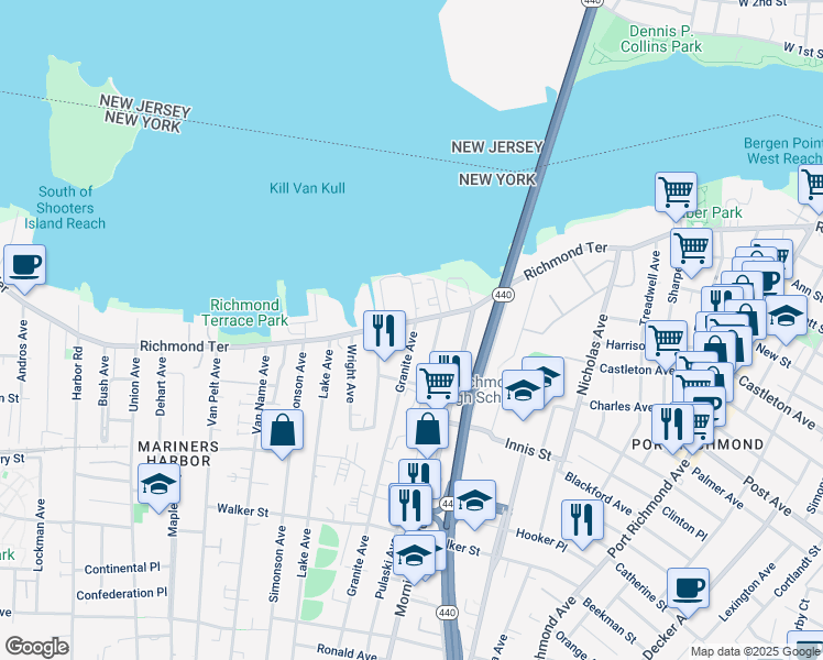 map of restaurants, bars, coffee shops, grocery stores, and more near 2581 Richmond Terrace in Staten Island