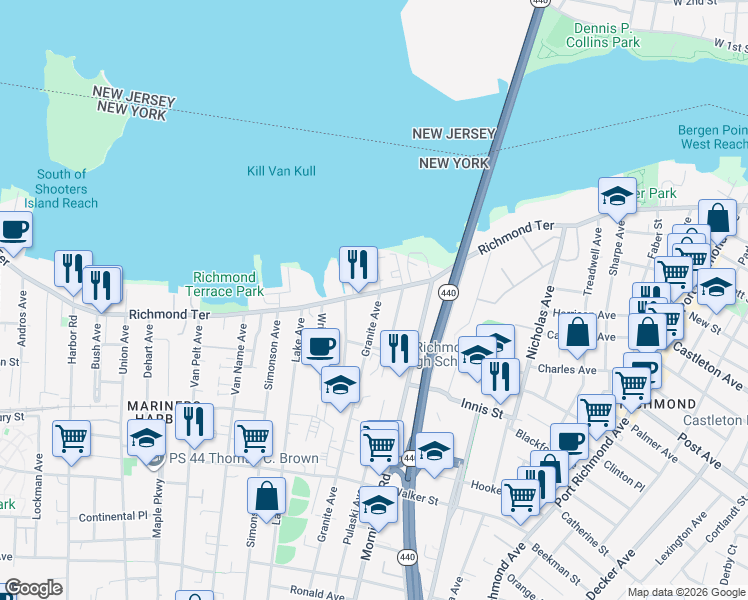 map of restaurants, bars, coffee shops, grocery stores, and more near 2589 Richmond Terrace in Staten Island